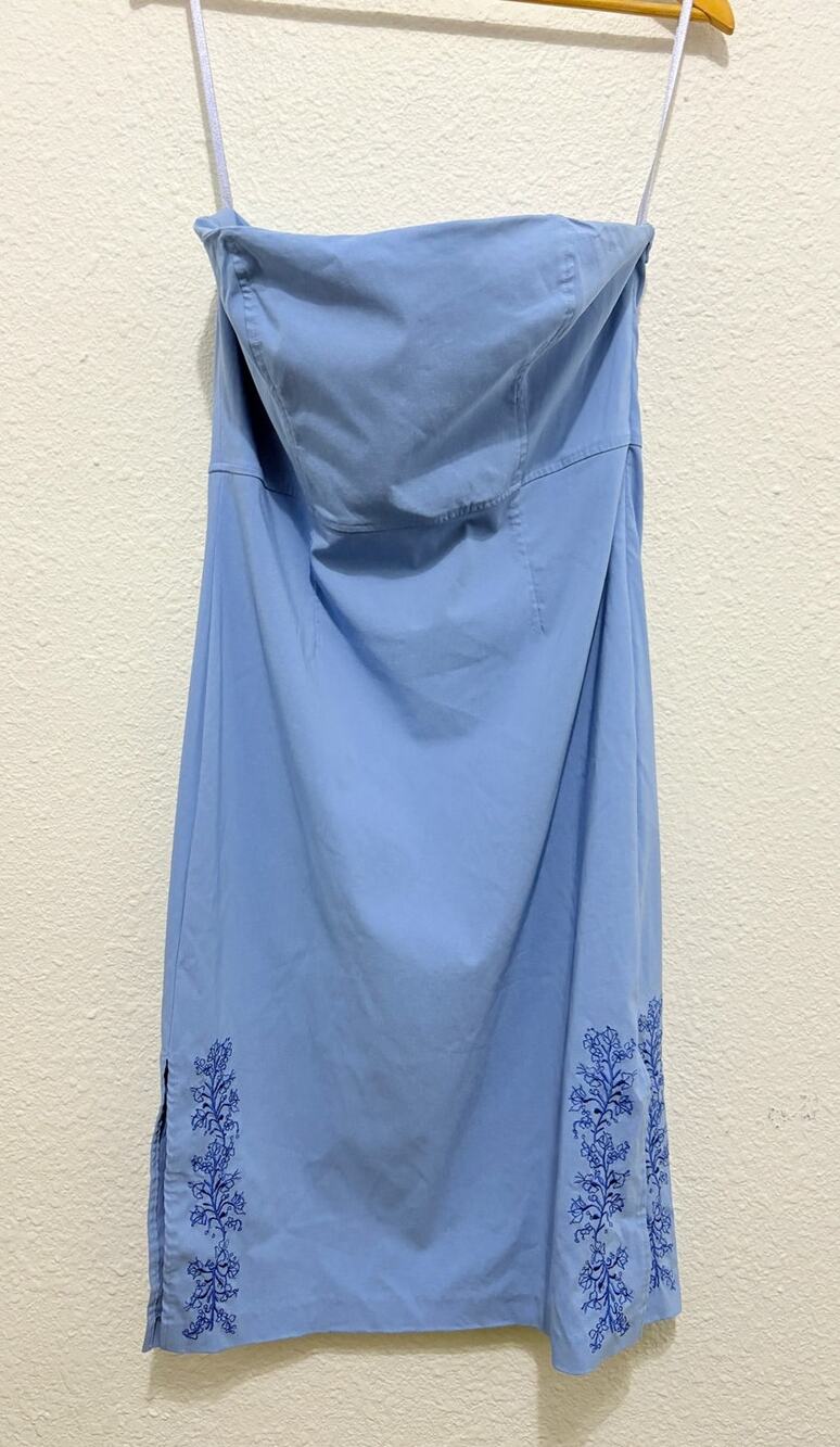 Vintage Express Y2K Blue Dress Midi Embroidered Strapless Boho Fairy